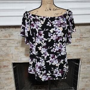White house black market floral purple black floral off‎ shoulder blouse small